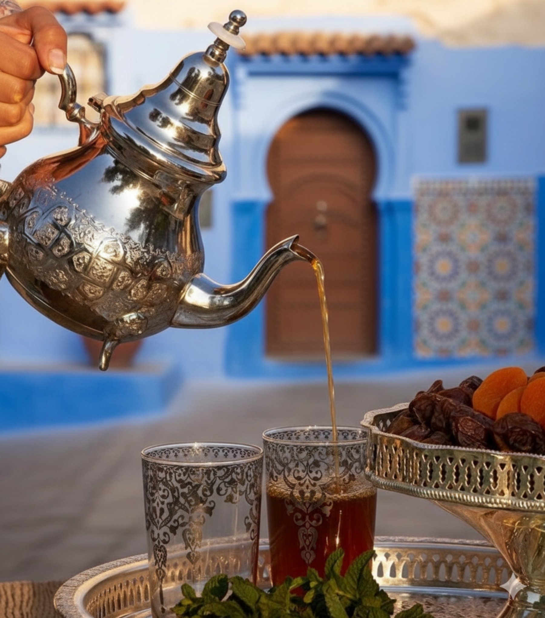 Moroccan mint tea being poured in a Chefchaouen-inspired setting